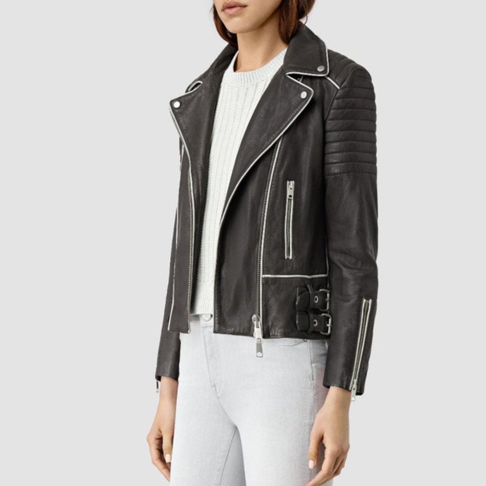 AllSaints Black Leather Biker Jacket with Silver Hardware